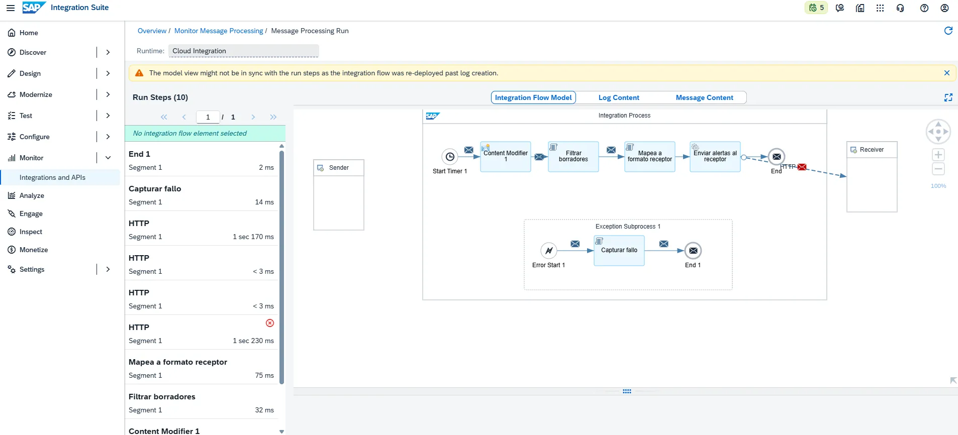 Run Steps con el fallo HTTP y la Exception Subprocess ejecutándose